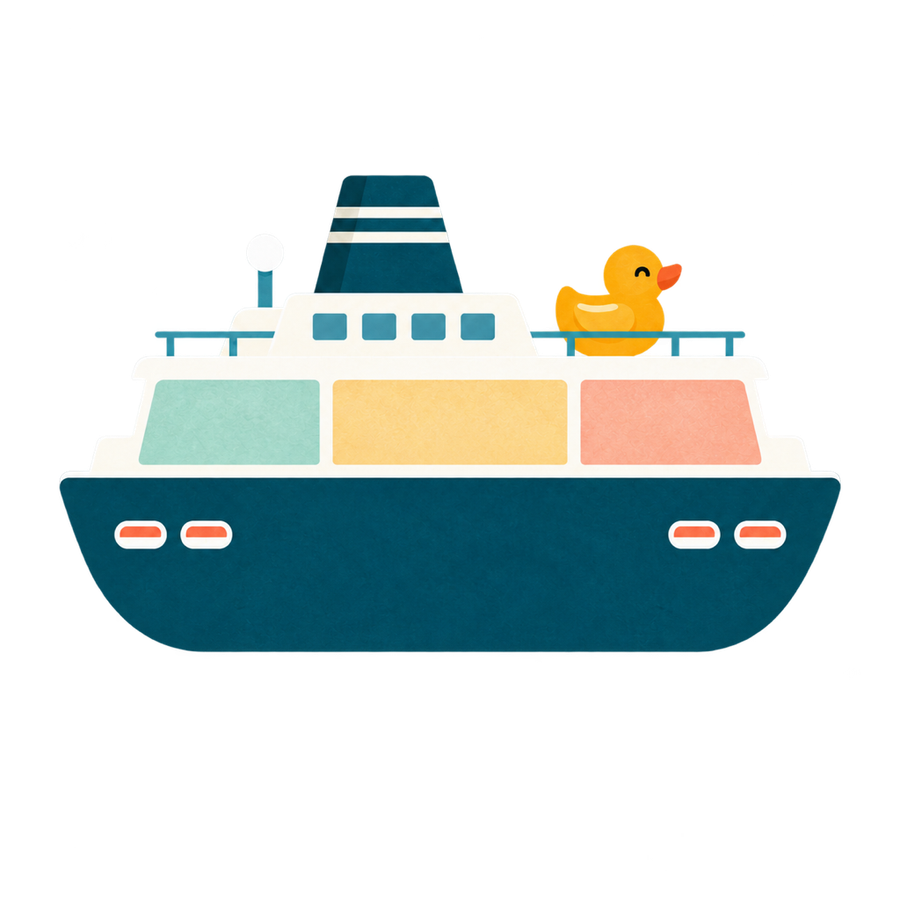 A little teal cruise ship with pastel cabins and a very cheerful rubber duck.