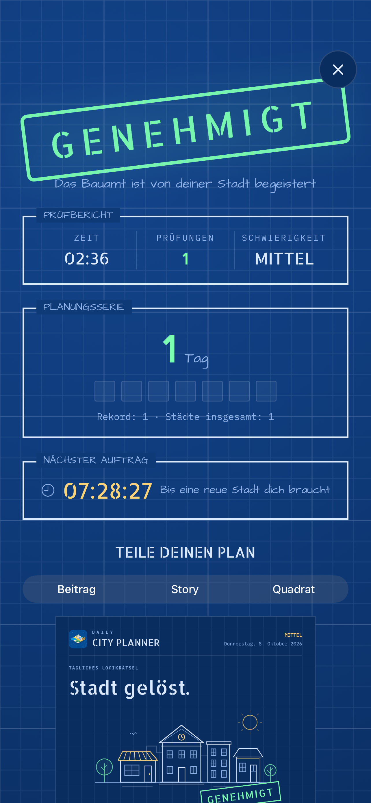 Ein genehmigter Stadtplan mit deutschem Prüfbericht, einer eintägigen Planungsserie und einer Vorschau zum Teilen.