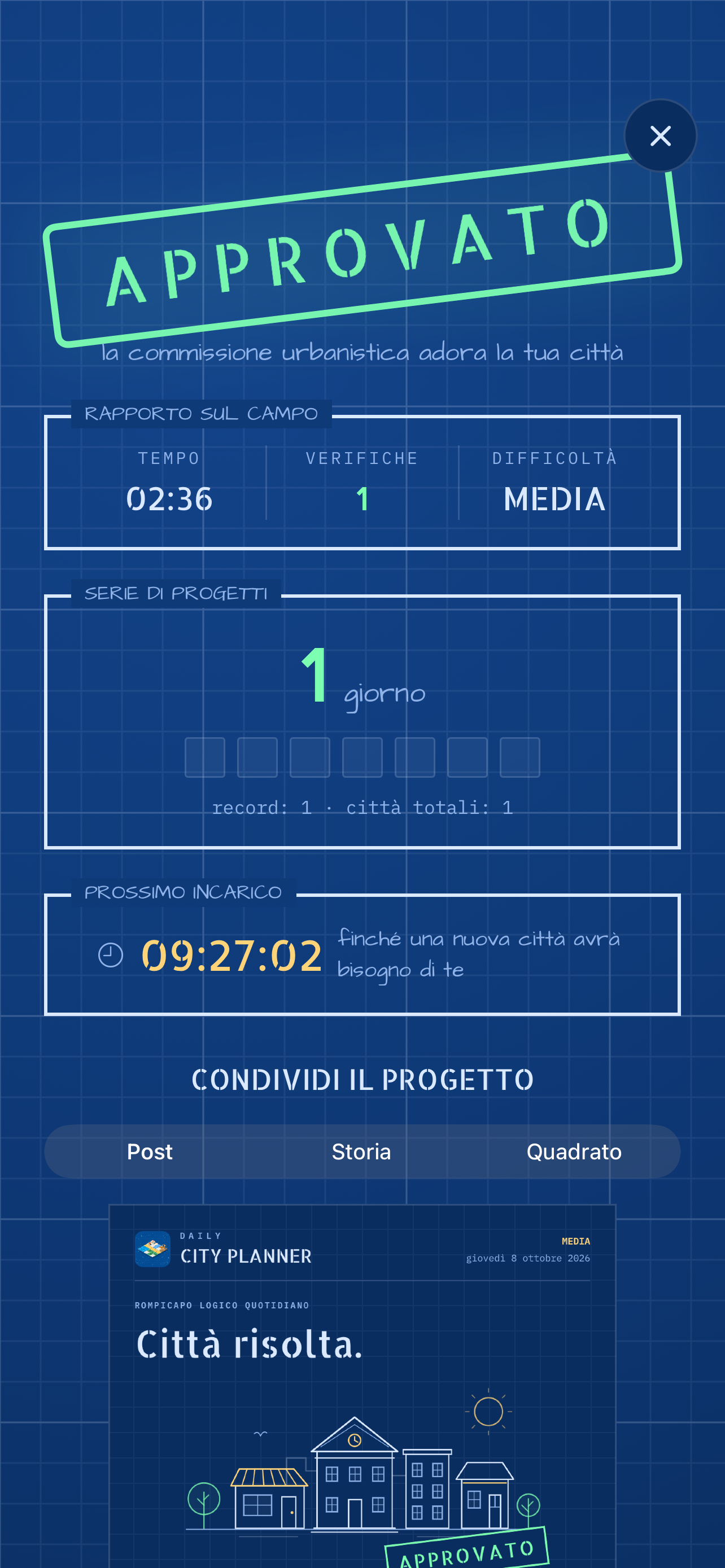 Una città approvata con rapporto in italiano, una serie di un giorno e un’anteprima da condividere.