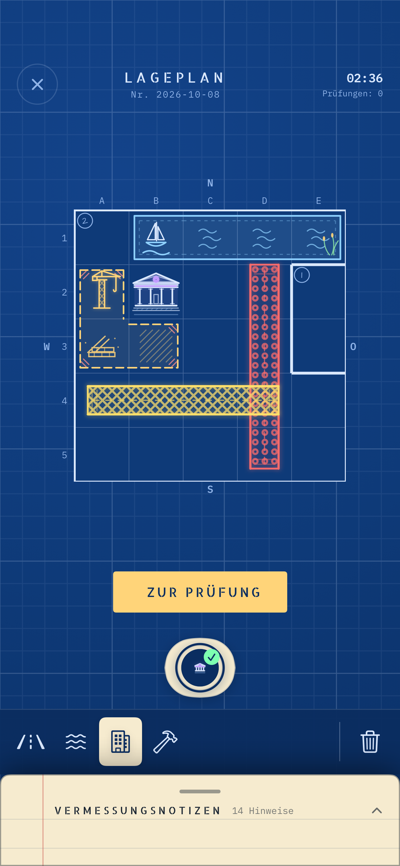 Ein Stadtplanrätsel mit Straßen, einem See, einem Museum und einer Baustelle sowie deutschen Bedienelementen.