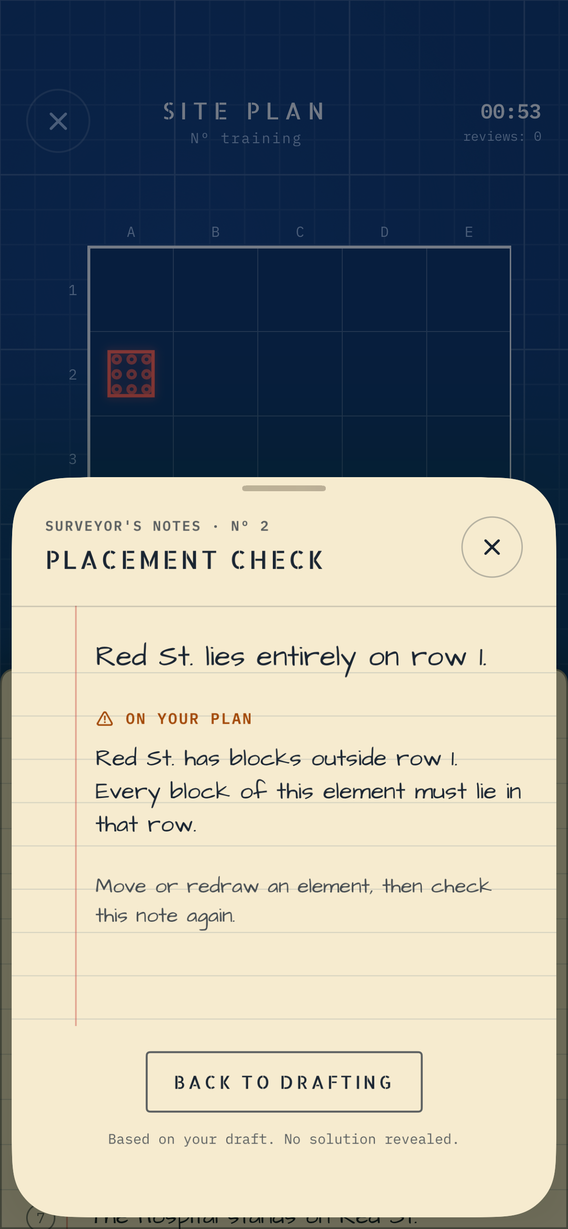 The current surveyor’s notes explain a placement issue on a cream ruled-paper sheet, with a Back to drafting button.