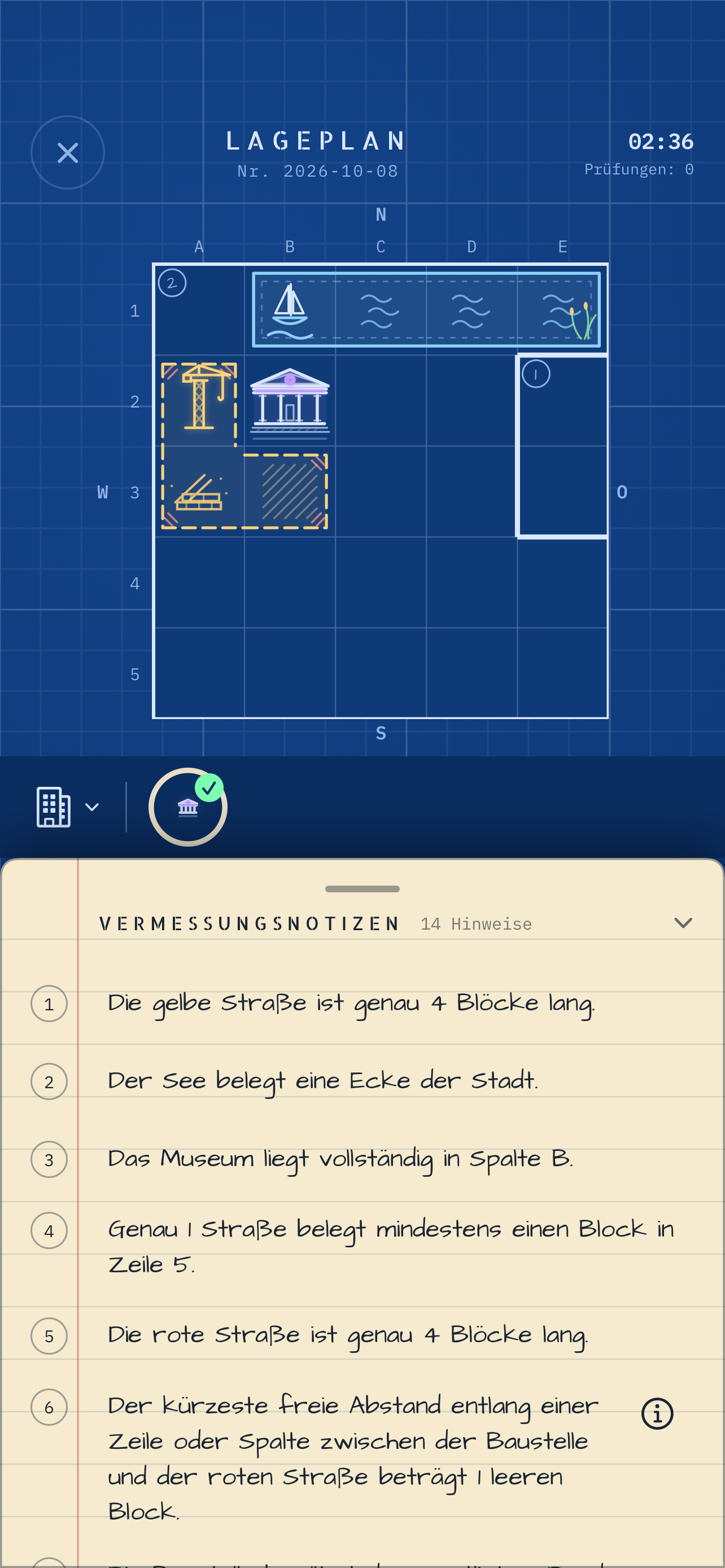 Die deutschen Vermessungsnotizen zum Stadtplan auf einem linierten Blatt.