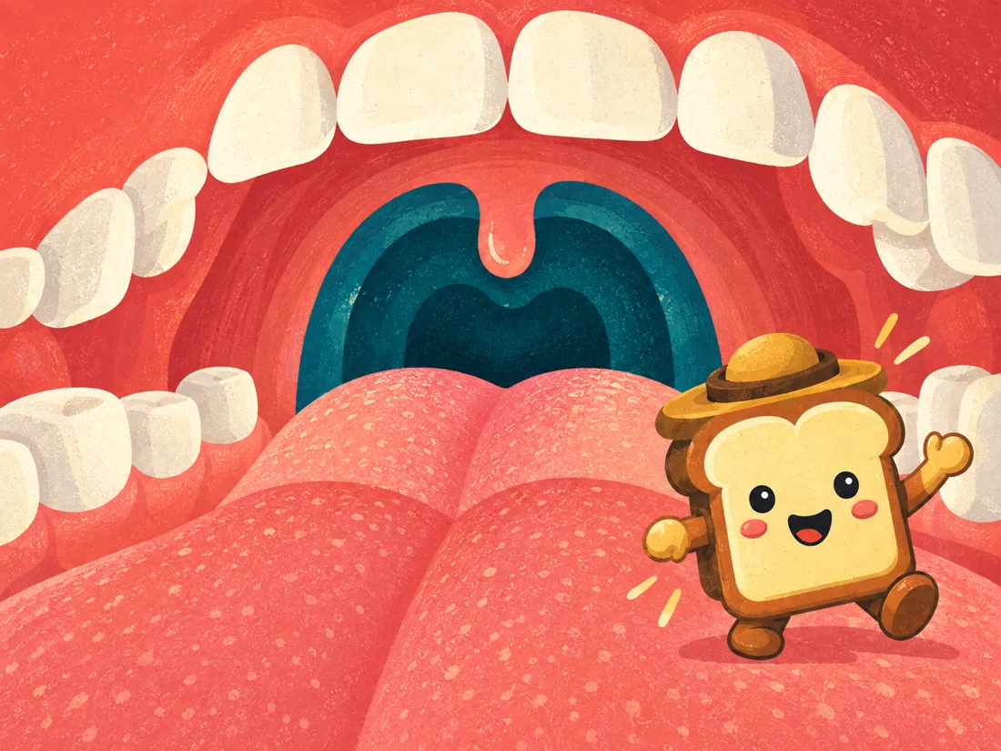 A golden-hatted toast explorer sets off through the mouth