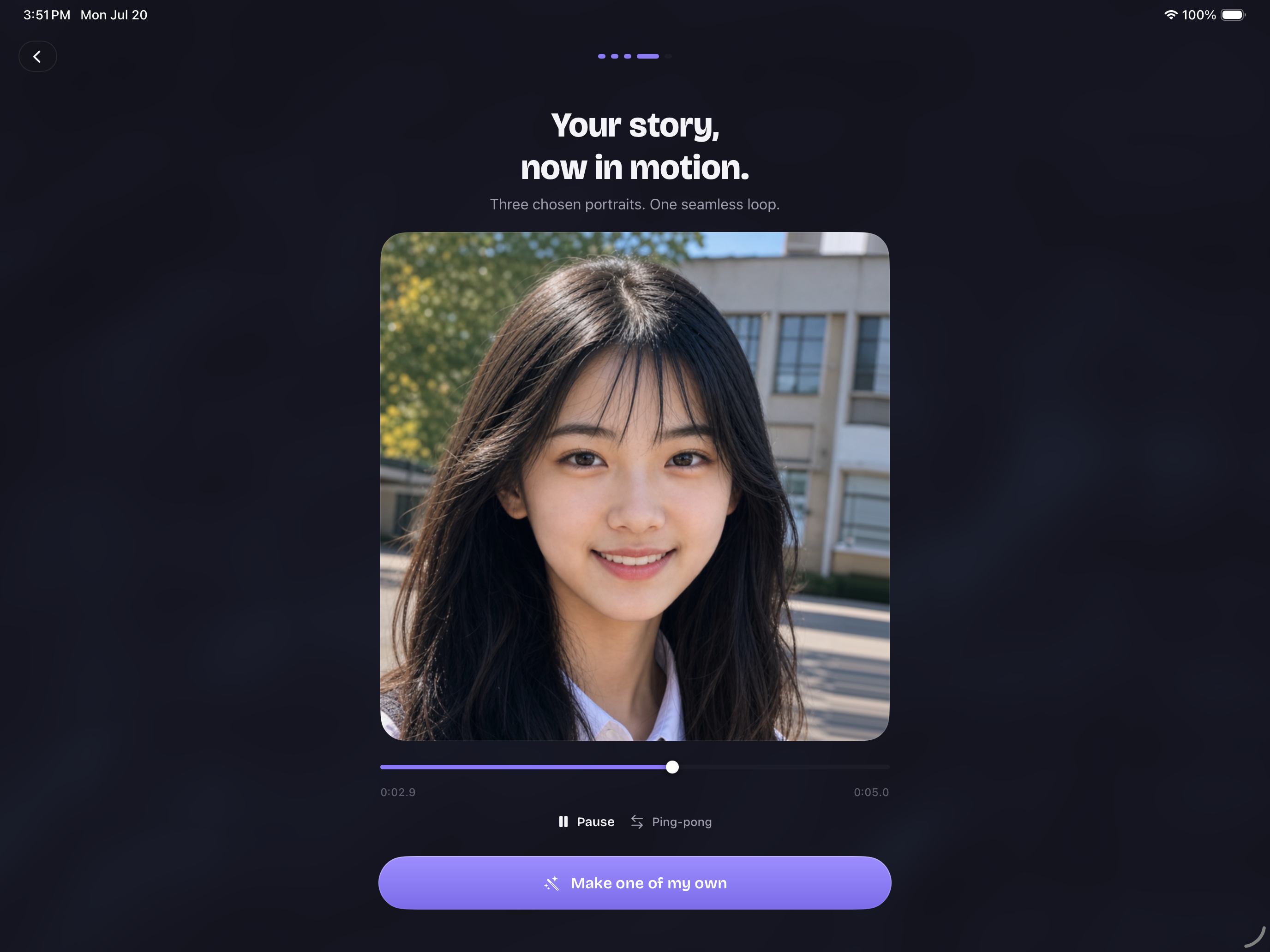 Morphio iPad sample morph showing a portrait transformation, timeline, and playback controls