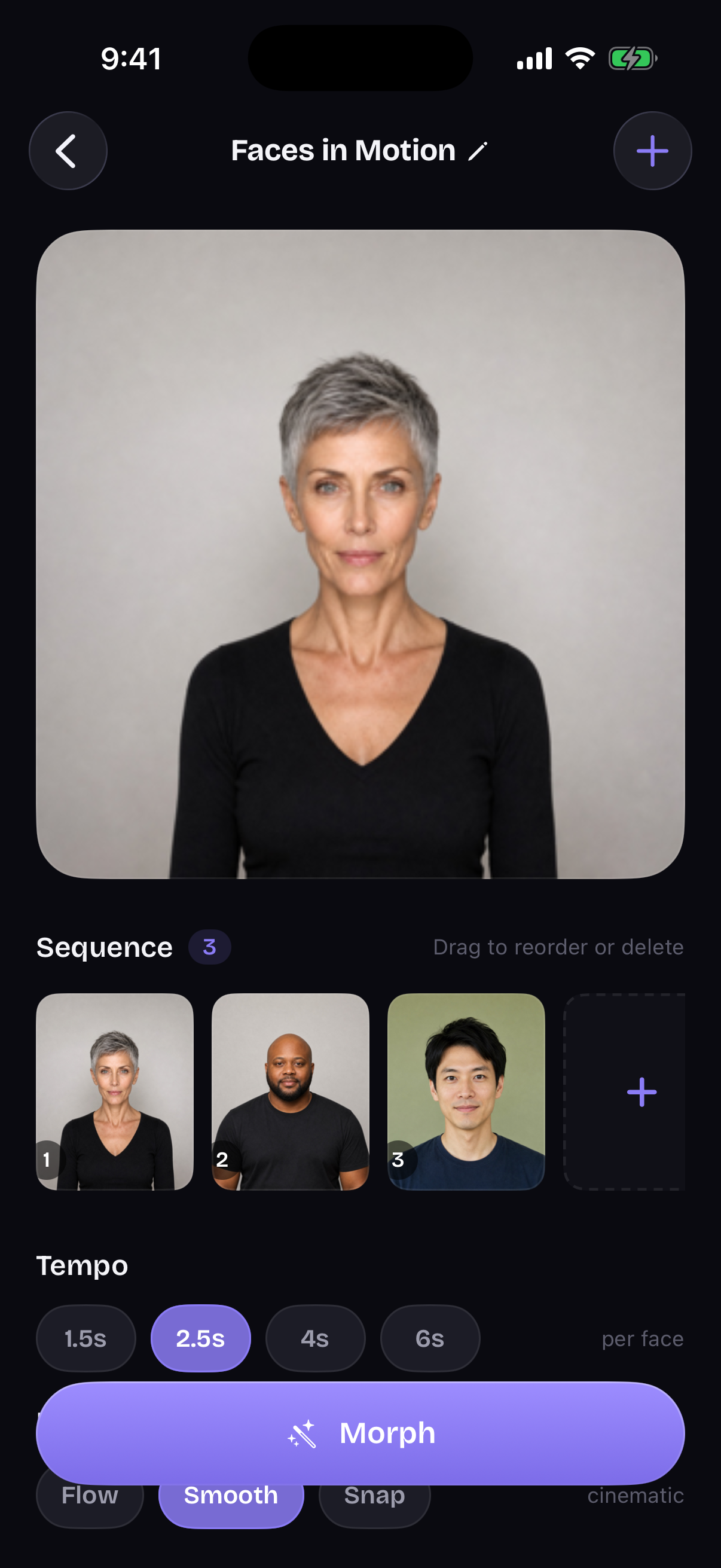 Morphio editor showing the Faces in Motion project with three portraits, tempo choices, and motion styles