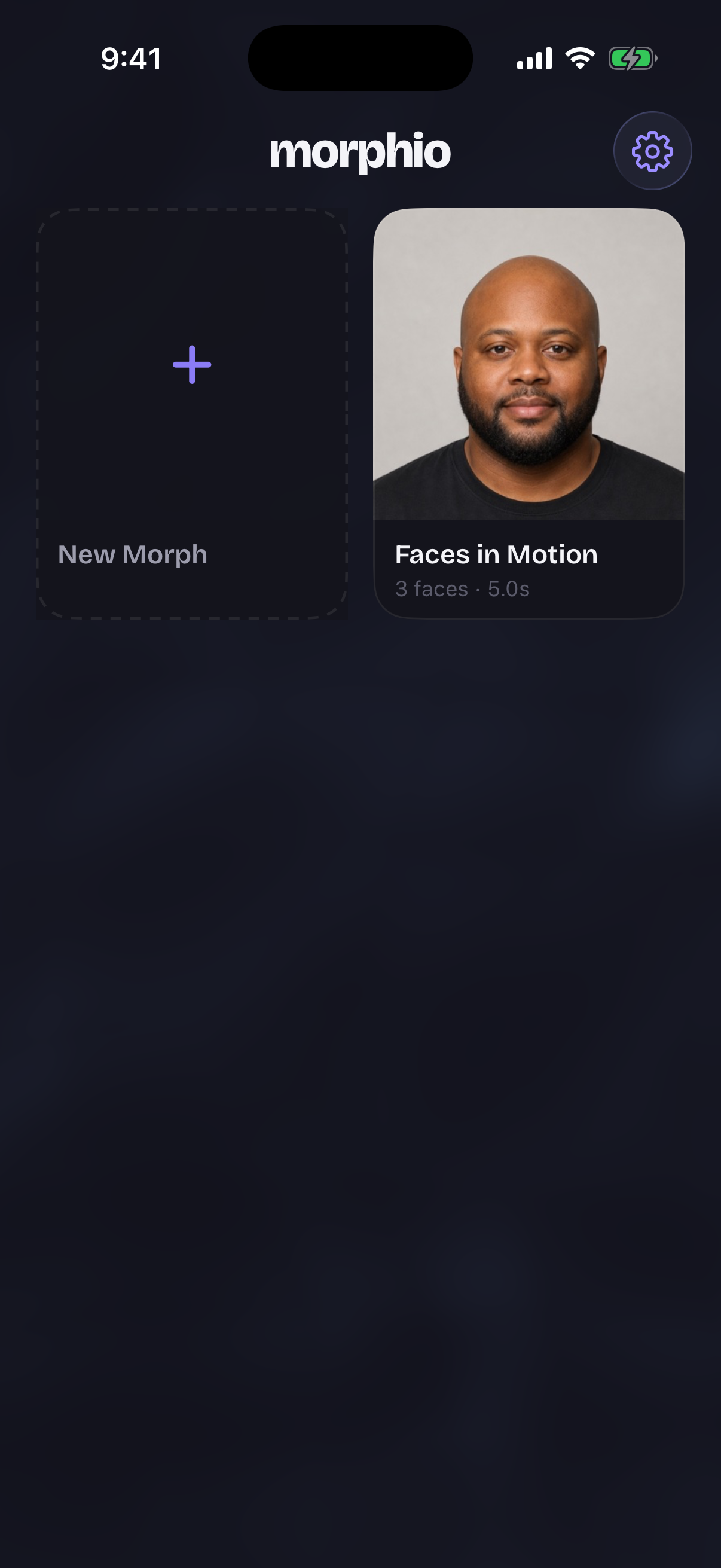 Morphio home gallery showing the saved Faces in Motion project with three faces