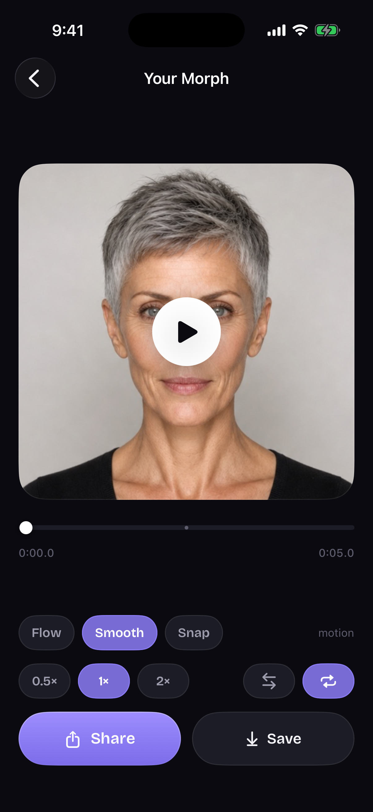 Morphio player showing a face morph preview, scrubber, playback controls, and share button
