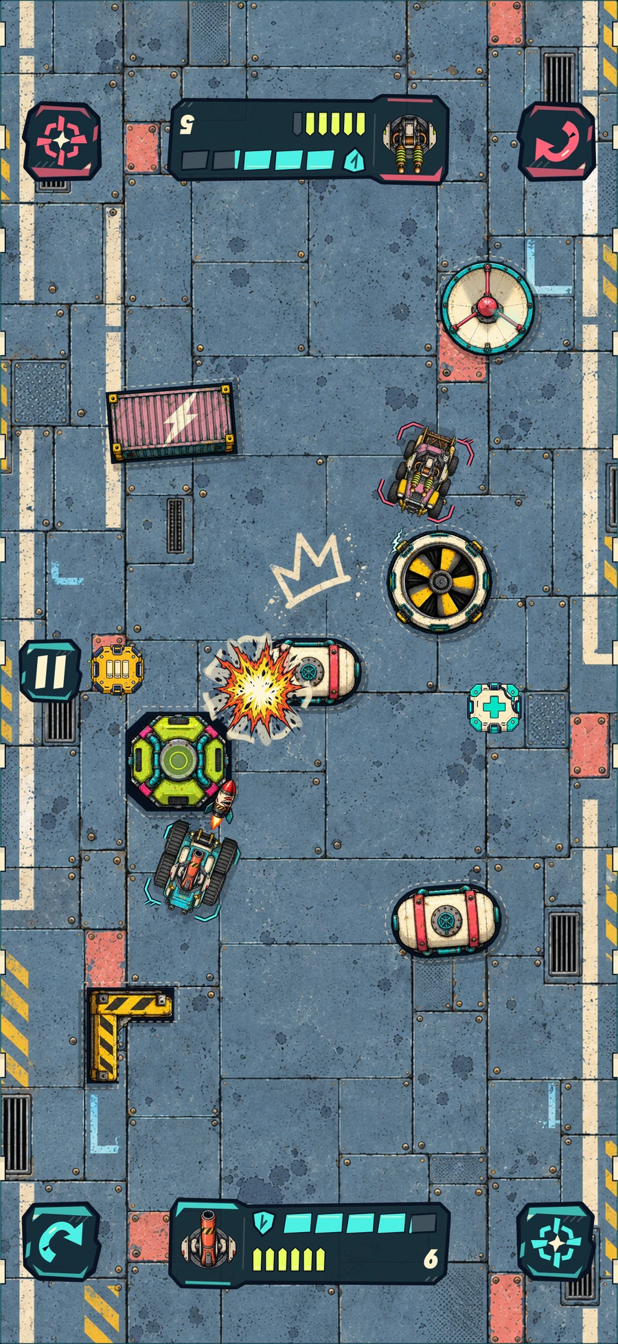 A native Neon Scrap duel: a coral vehicle faces a teal tank, with each player's controls facing their end of the screen