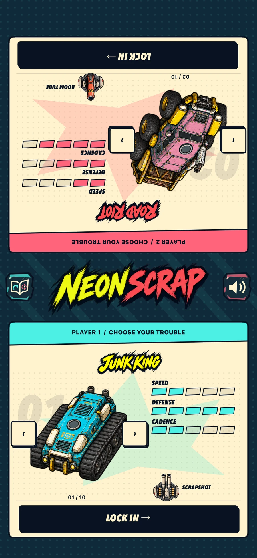 The shared garage with Road Riot facing the upper player and Junk King facing the lower player, each with a starting weapon and painted vehicle stats