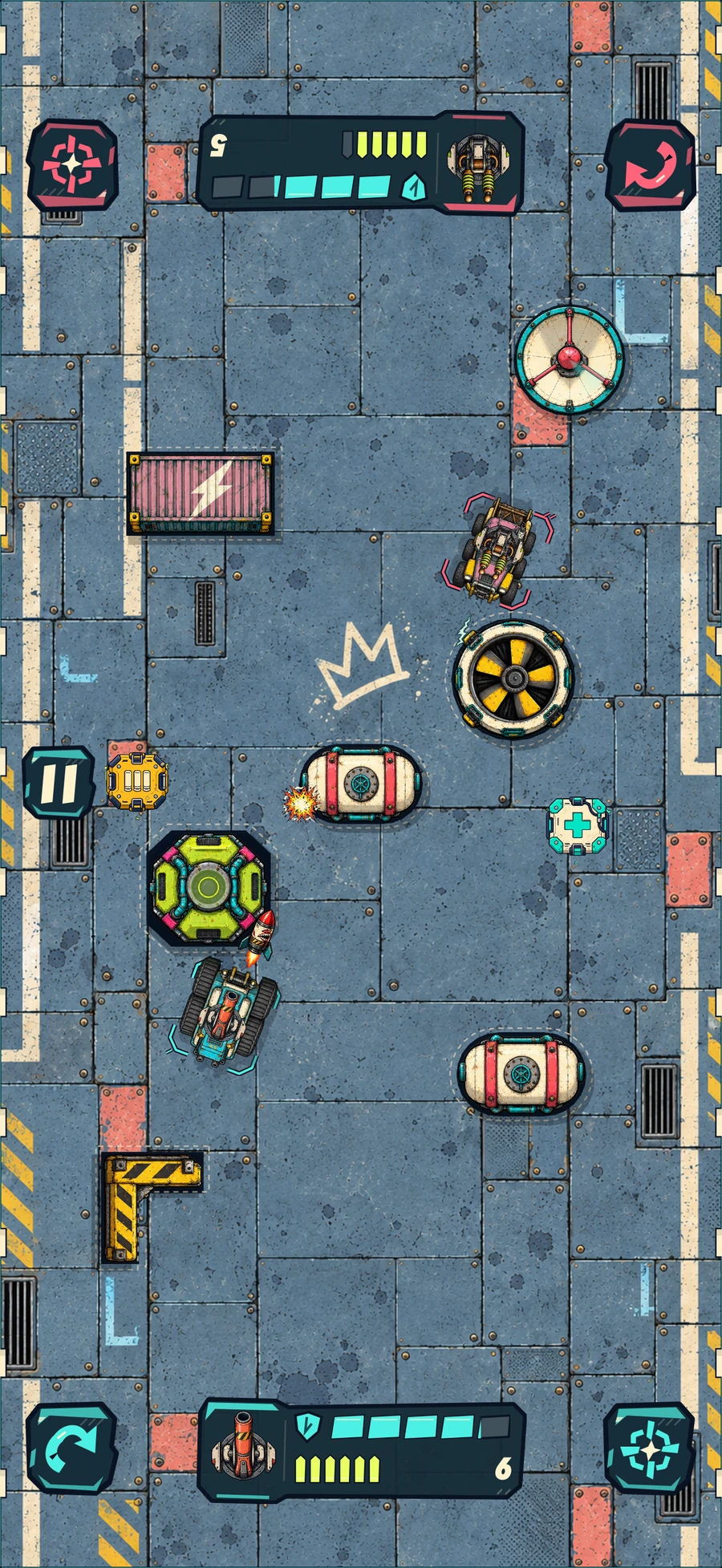 Duelo nativo de Neon Scrap: um veículo coral enfrenta um tanque turquesa, com os controles voltados para cada jogador