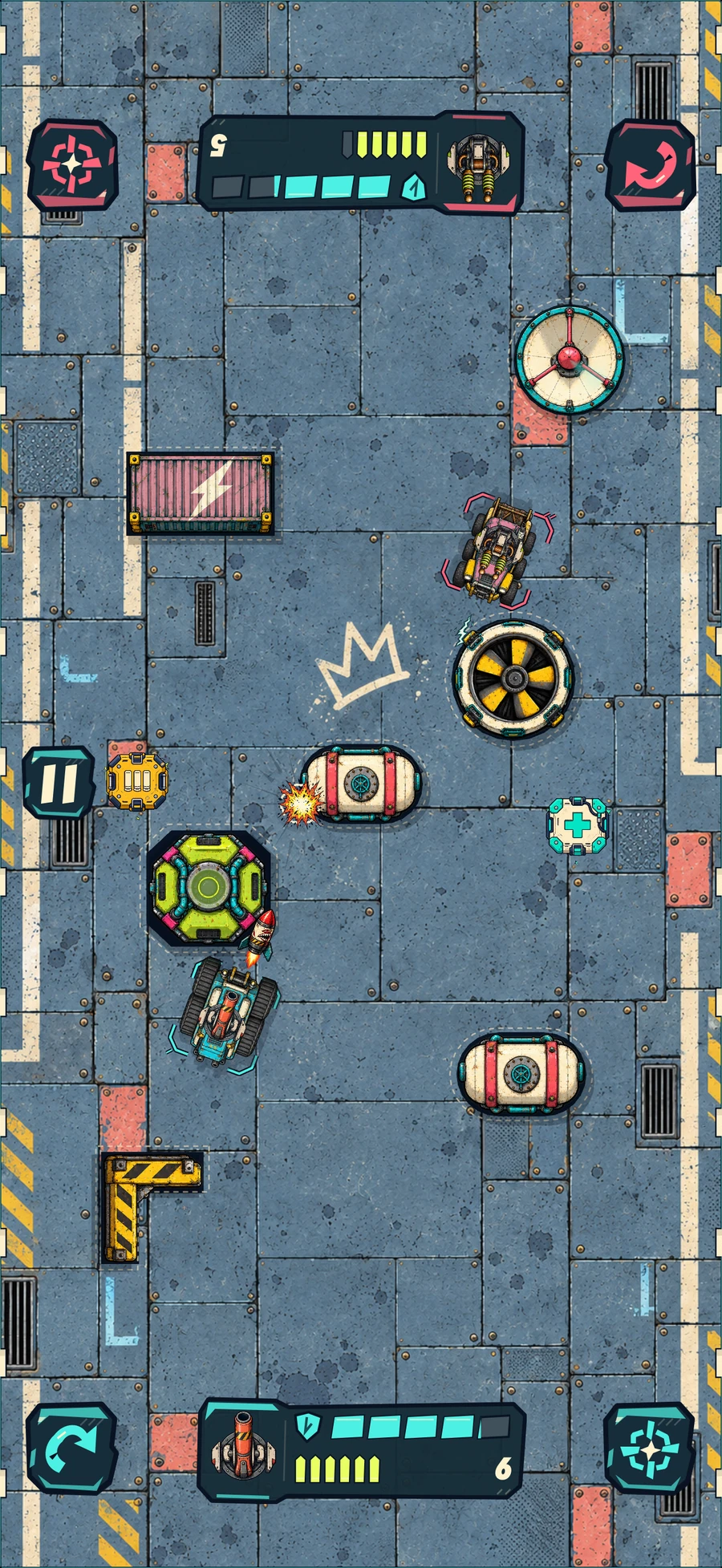 Duelo nativo de Neon Scrap: um veículo coral enfrenta um tanque turquesa, com os controlos virados para cada jogador